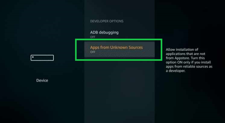 turning on the apps from unknown sources to download syncler apk on firestick device